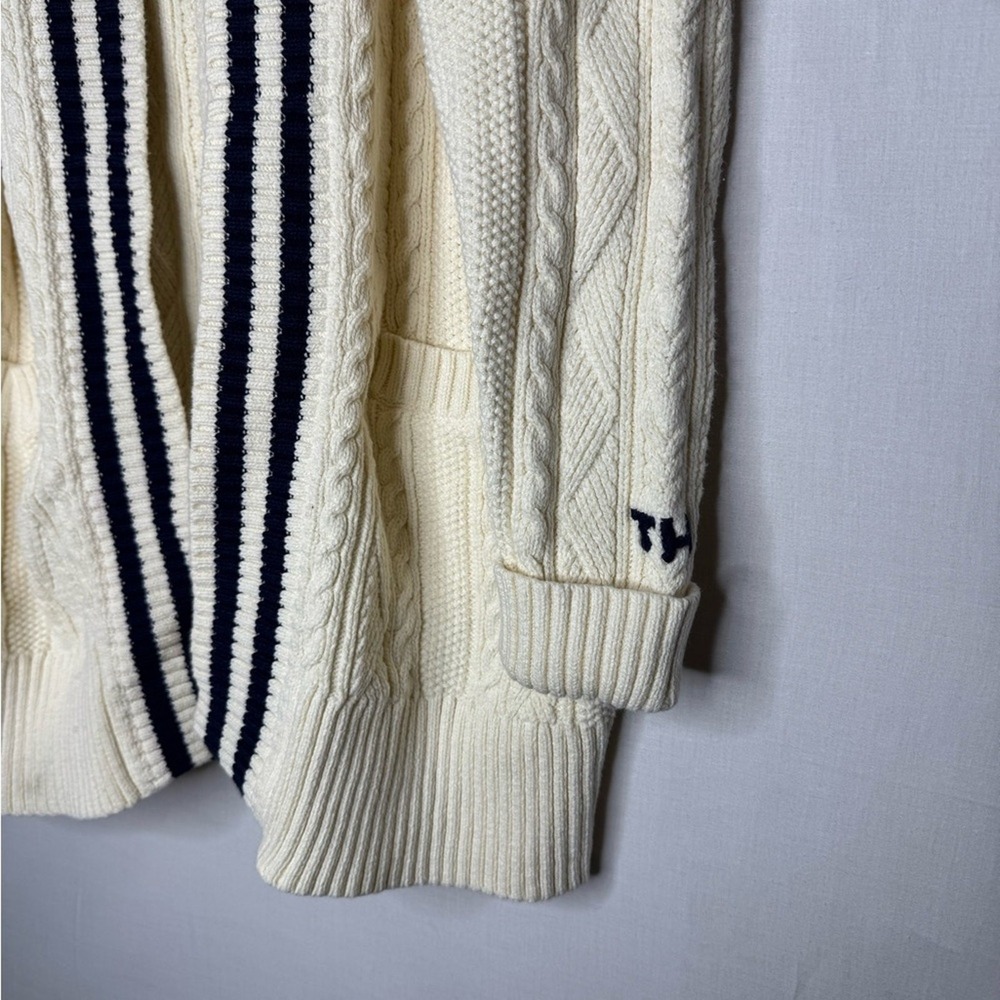 Tommy Hilfiger Womens Cable Knit Open Cardigan Varsity Stripe Preppy Ivy League - Picture 5 of 9